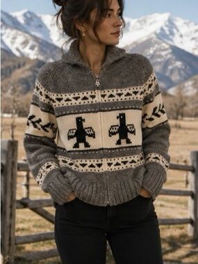 TNA Sea to Sky Cowichan Style Intarsia Lambswool Shawl Collar Sweater L